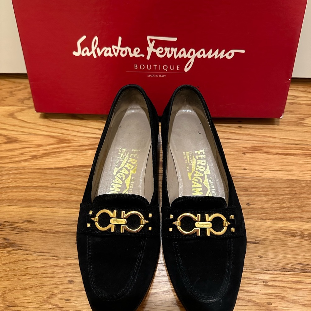 Salvatore Ferragamo Babs Black Suede Loafers with Gold Buckle